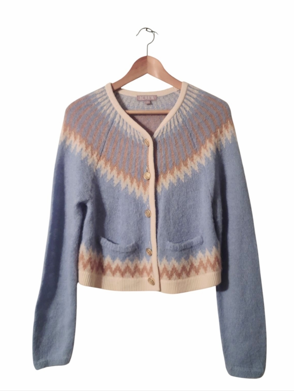 J Crew Alpaca Wool Gold Button Front Cardigan Fair Isle Crewneck Sweater - Picture 2 of 10